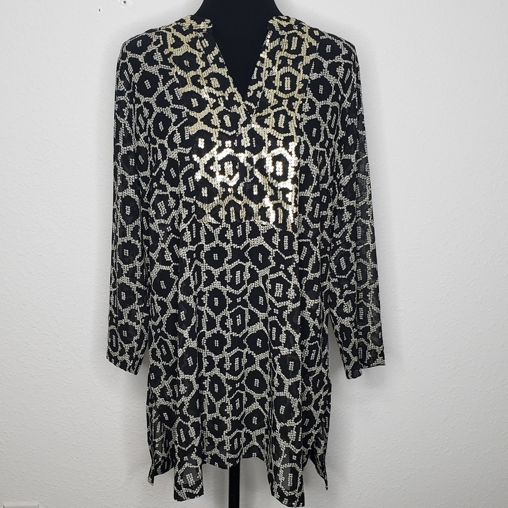 Snake Skin Patterned LS Sequin Tunic Style Sheer Swim Cover Up (Size 2/Med)